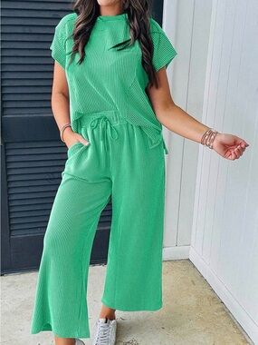 T&C Apparel Ribbed Lounge Set Small Green Two Piece Matching Set Wide Leg Pants